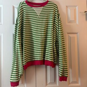 We The Free Green and White Striped Top with Pink Trim